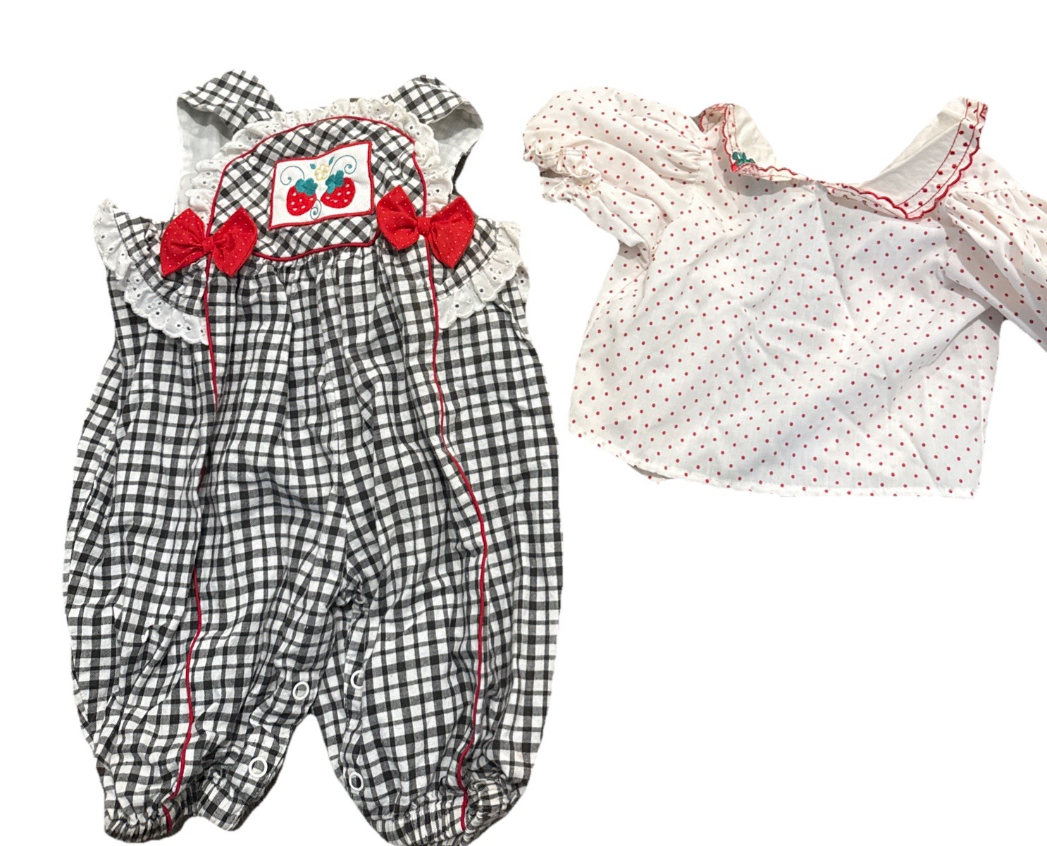 Vintage Baby Outfit Size 3 Months Cottagecore Strawberry Overalls Bows 90s