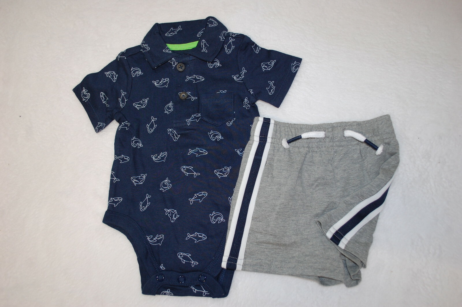 Baby Boys NAVY BLUE S/S POLO SHIRT Bodysuit SHARKS Gray Knit Shorts 0-3 MO
