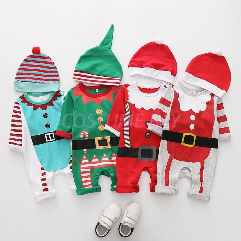 Christmas Xmas Boys Girls Baby Romper with Hat Bodysuit Cotton Costume Red Green