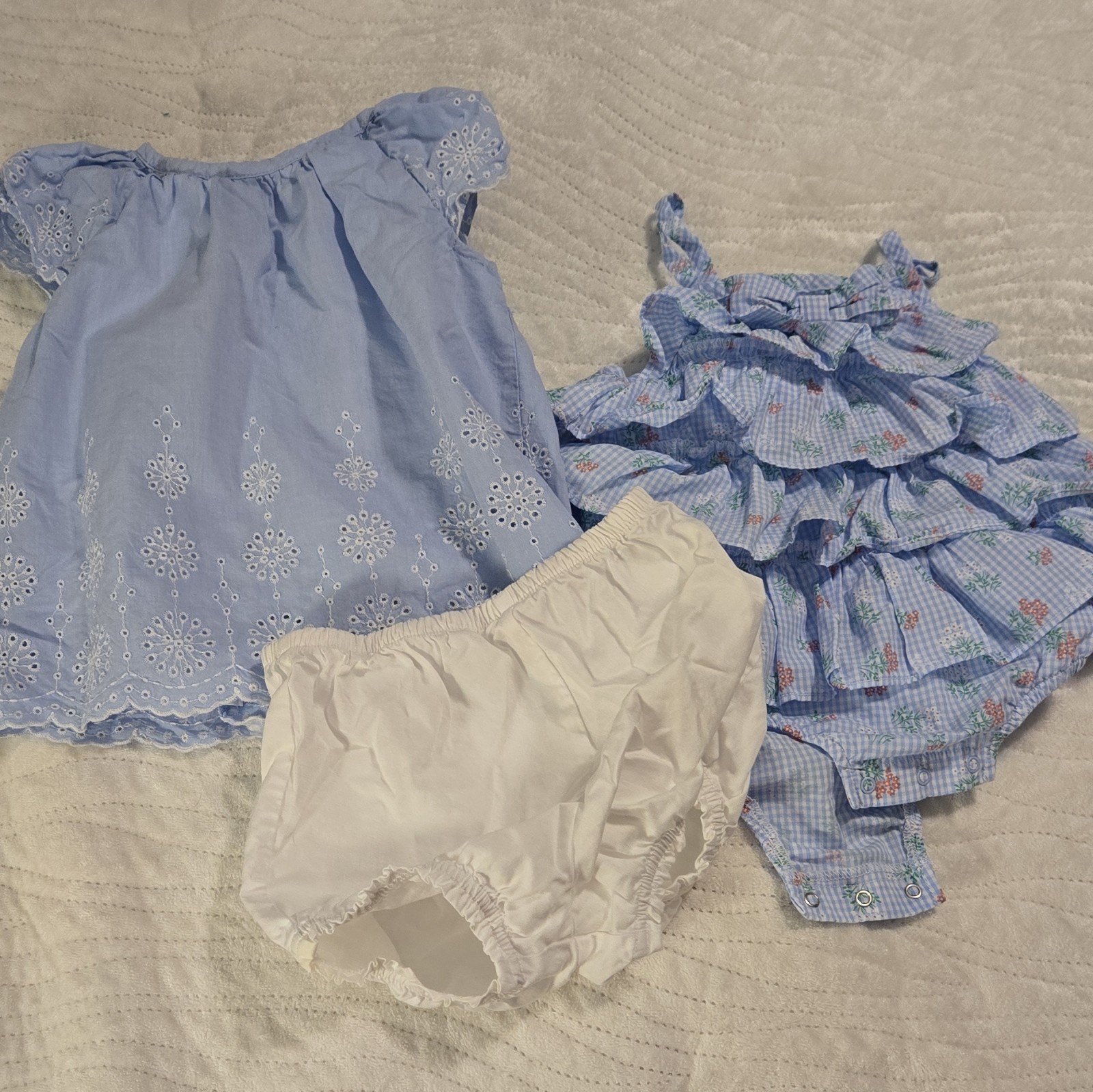 Little Me Girls 24M 3-Piece Dress Bodysuit Bloomers Set Blue/White Cotton