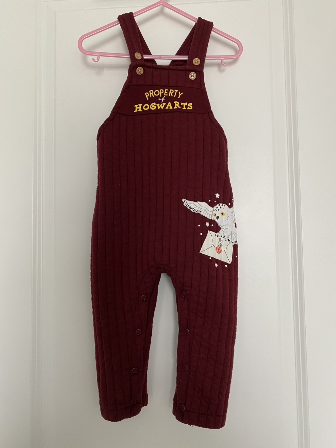 Harry Potter Baby Overalls Hedwig Burgundy Red Graphic Print Size 24M