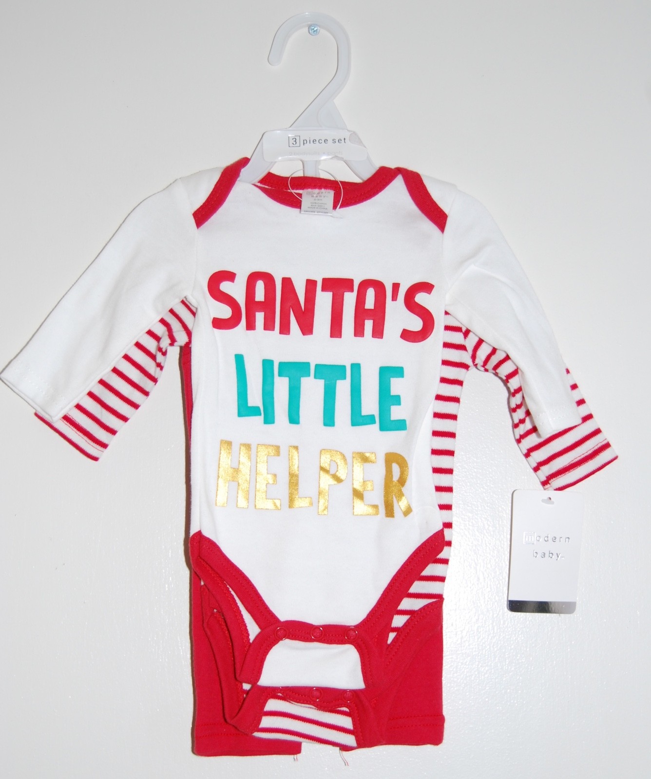 NWT Modern Baby Infant Boy Red 3pc Holiday Santa’s Helper Shirt & Pant Set 0-3M