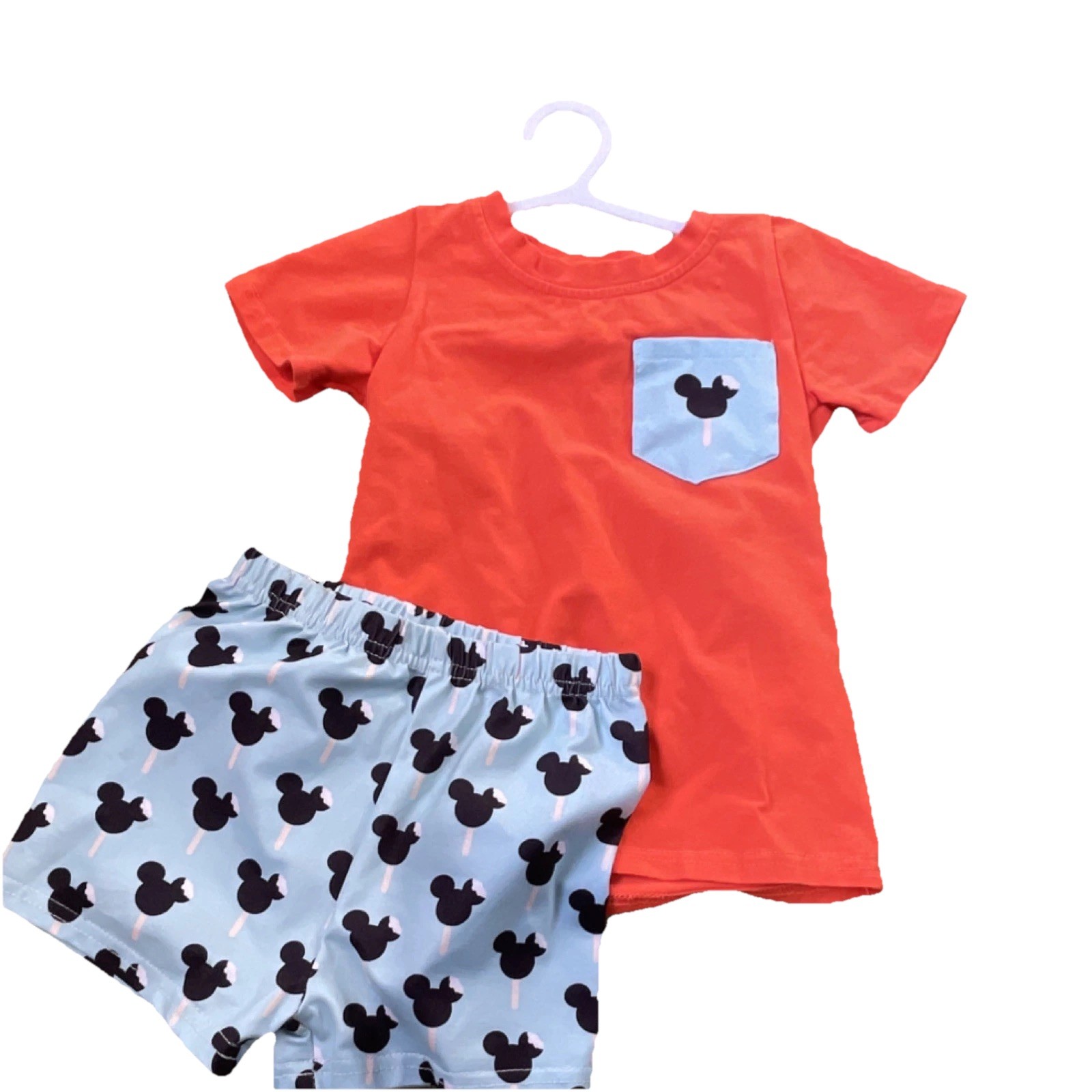 Sassy Stitches Mickey Mouse Orange T-Shirt & Light Blue Shorts Set Outfit