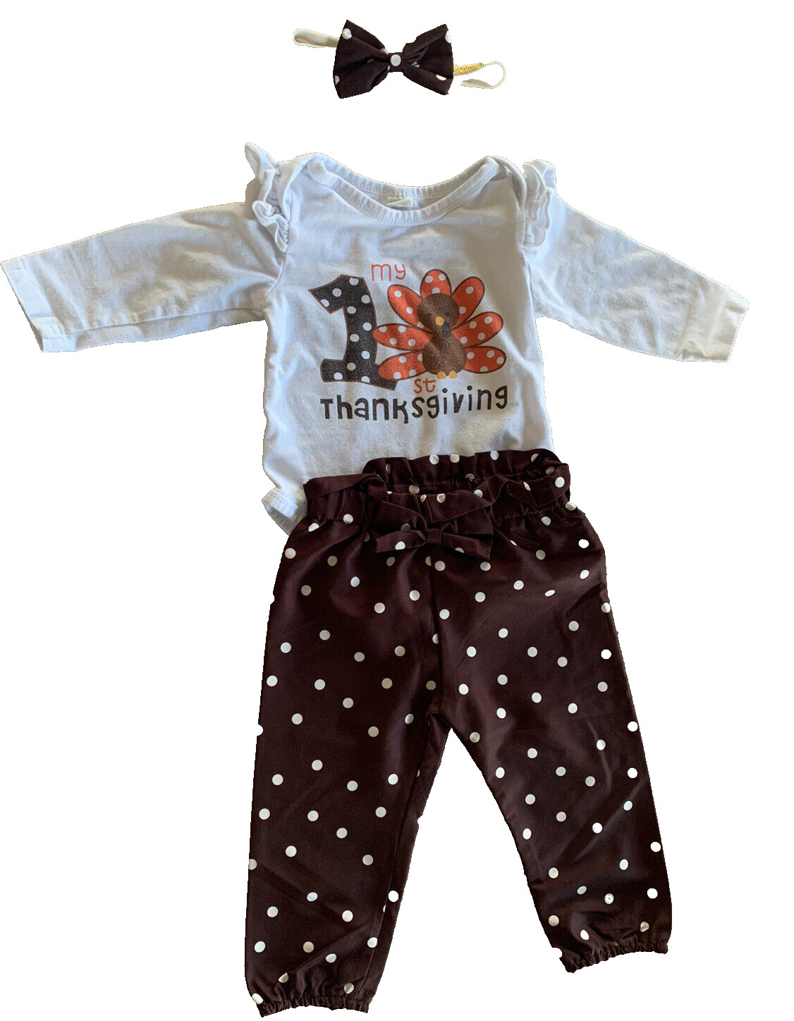 Baby Girl My First Thanksgiving Romper+Polka Dot Pant+Headband 6-9 months