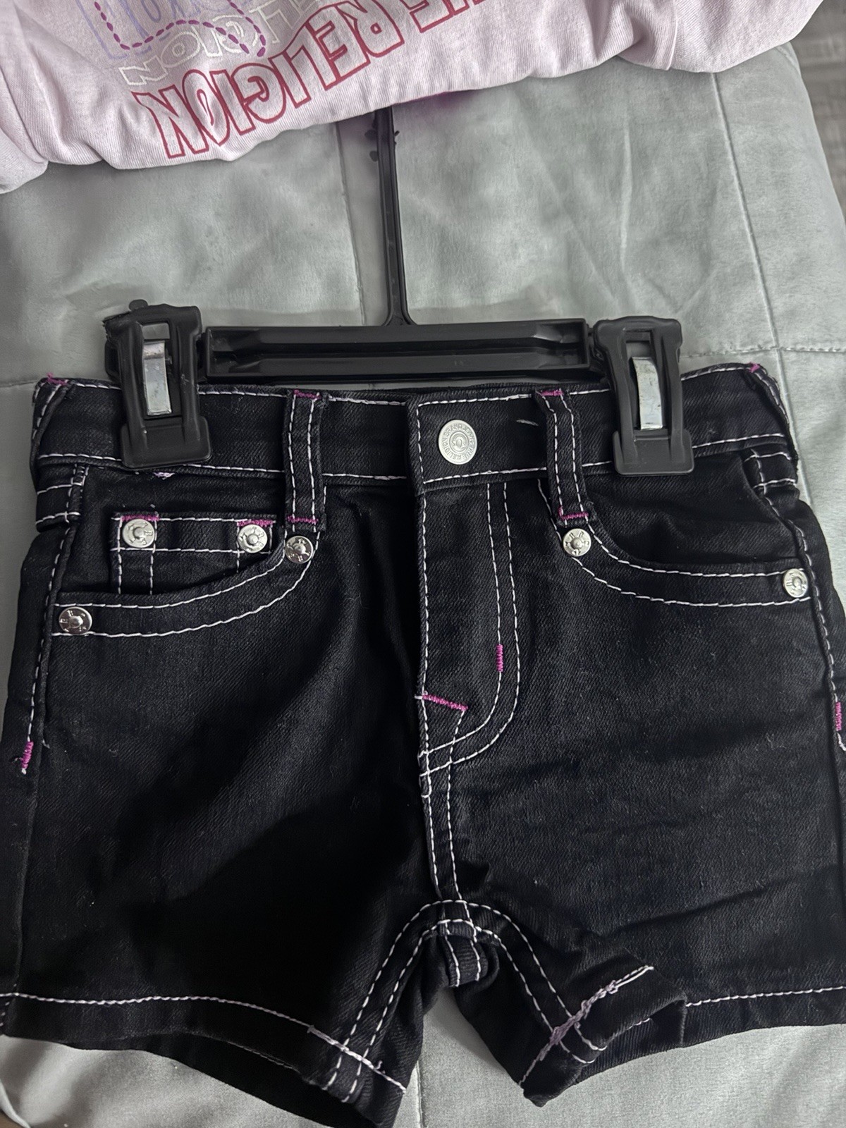 True Religion Girls 3T 3-Piece Shorts Set Pink/White Tee + Black Denim Shorts