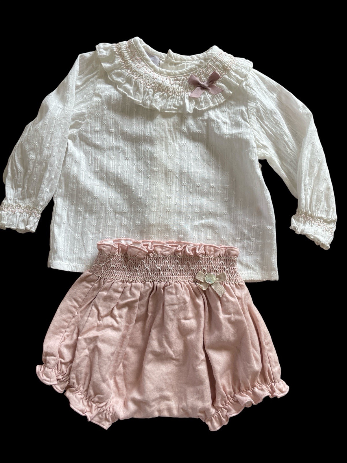 Paz Rodriguez (Spain) Ivory/Blush Woven Cotton Shirred Blouse & Bloomer-6 Mos
