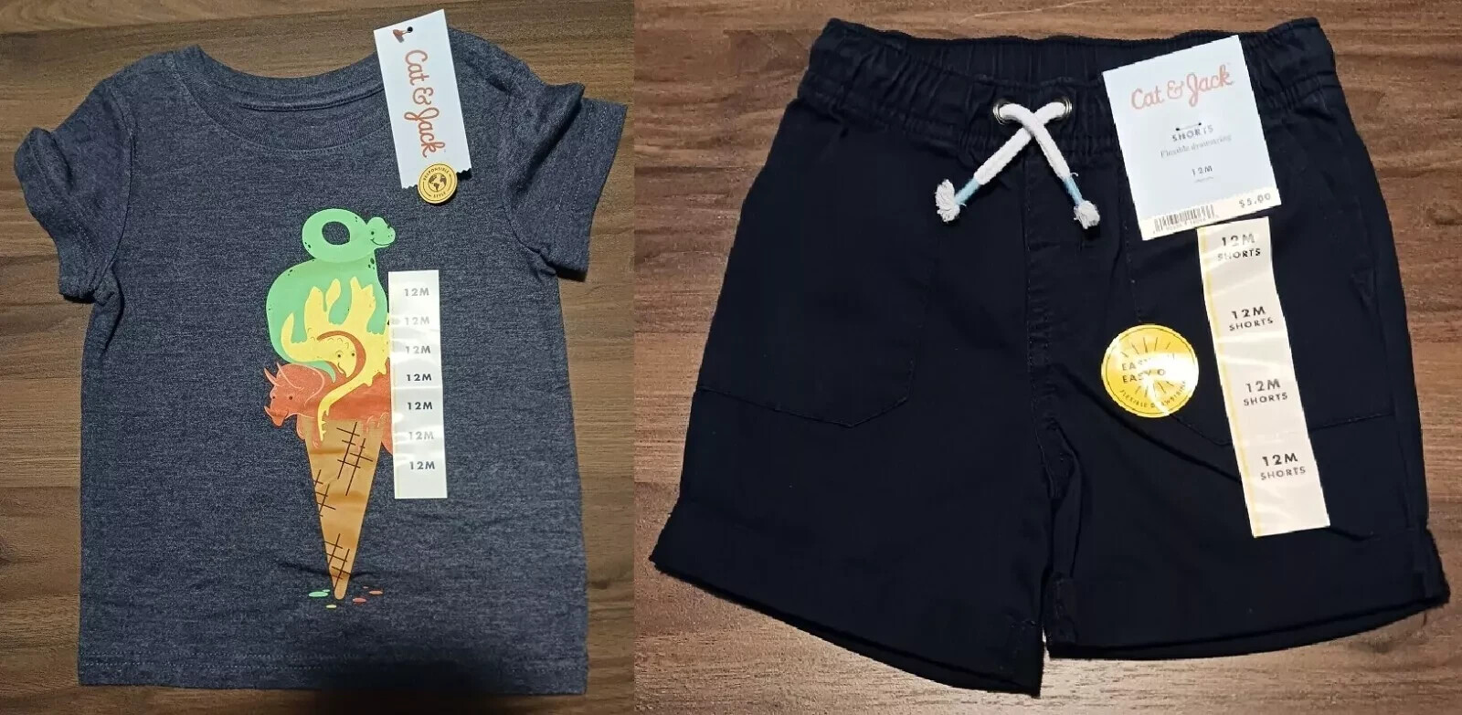 Baby Boy Size 12 Months Dinosaur T-Shirt & Flexible Drawstring Shorts Cat & Jack