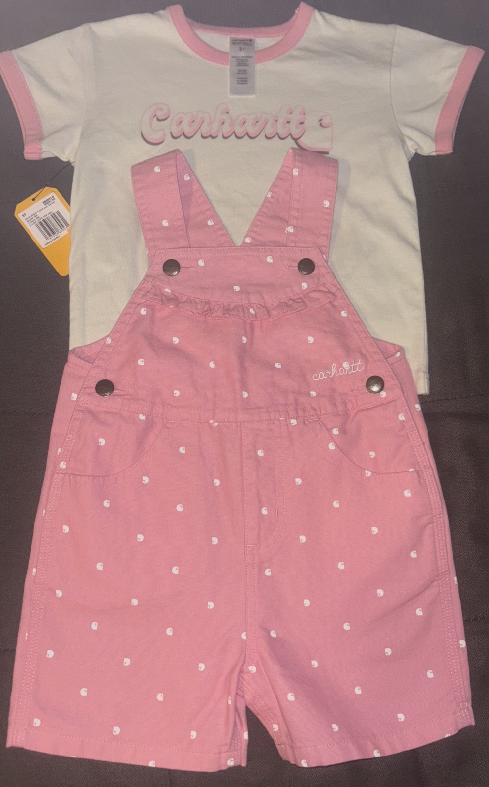 Carhartt💕Girl’s Short-Sleeve T-Shirt C’ Print Logo Canvas Shortalls Set Pink 3T