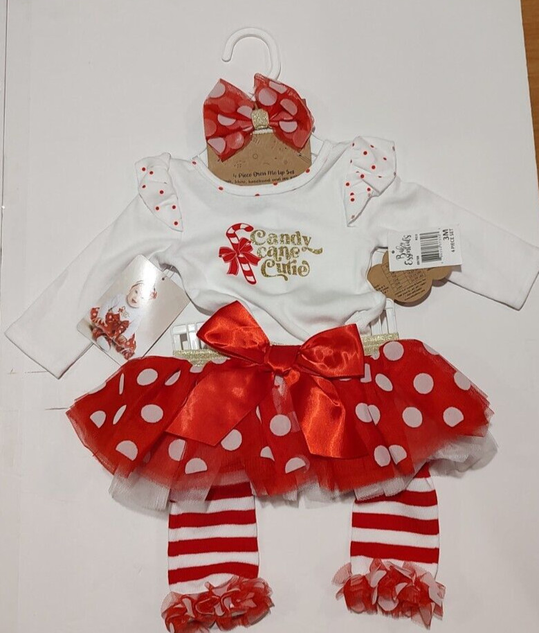 Baby Essentials – Baby Girls Candy Cane Cutie Outfit, 4 Piece Set, 3M, White/Red