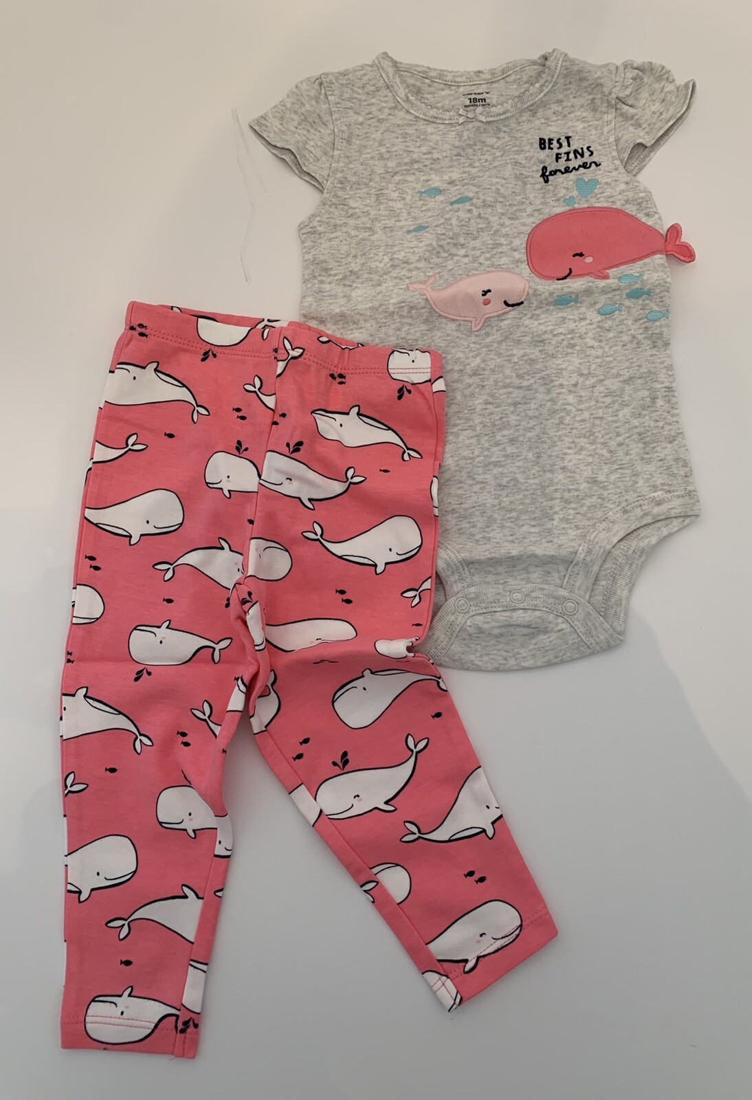 18 Months Carters 2 Piece Set Girls One Piece & Leggings Pink Whale “Best Fins”