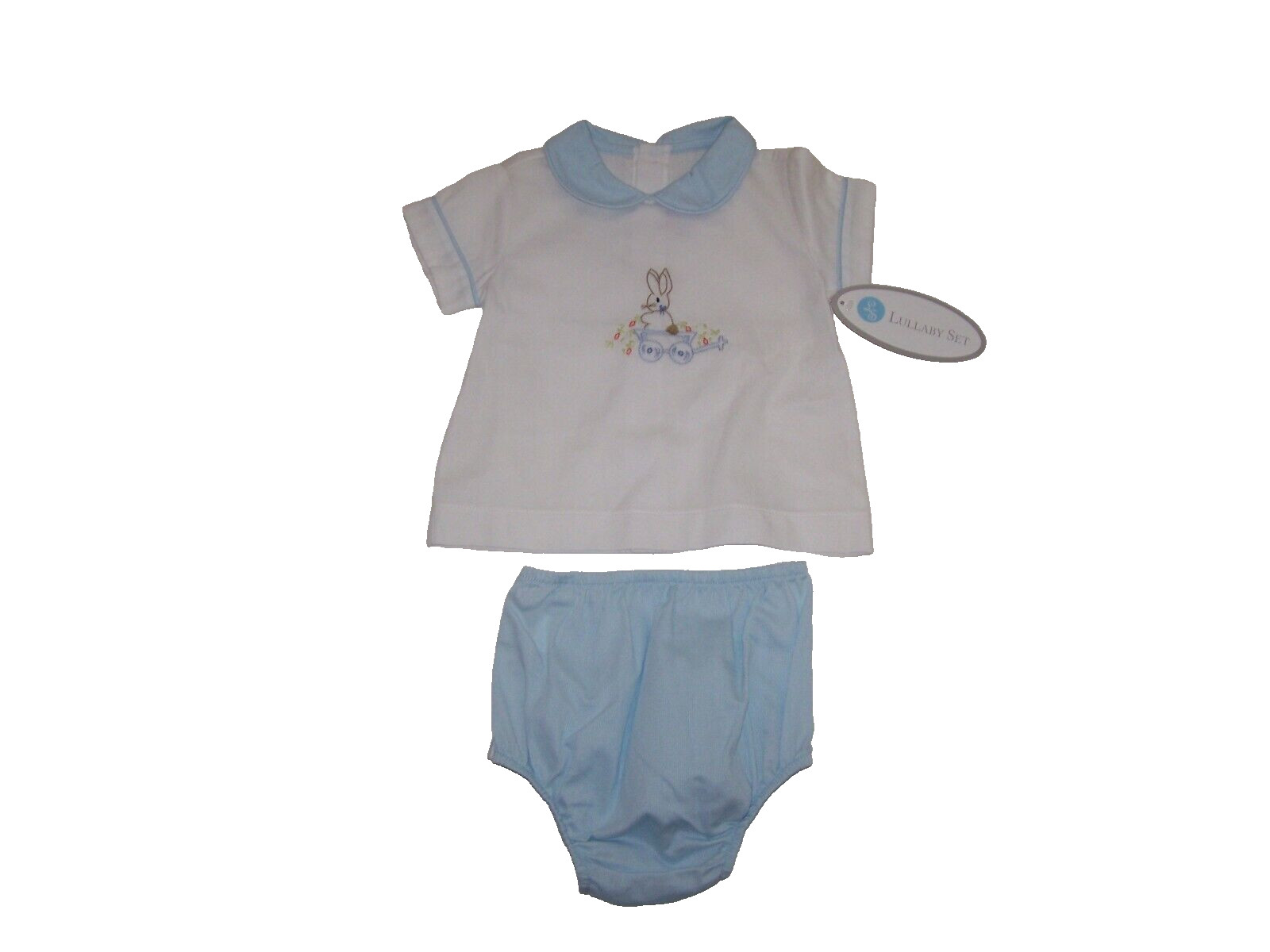 Lullaby Set Boutique Boys Embroidered Bunny Diaper Set Blue/White Size 9M NWT