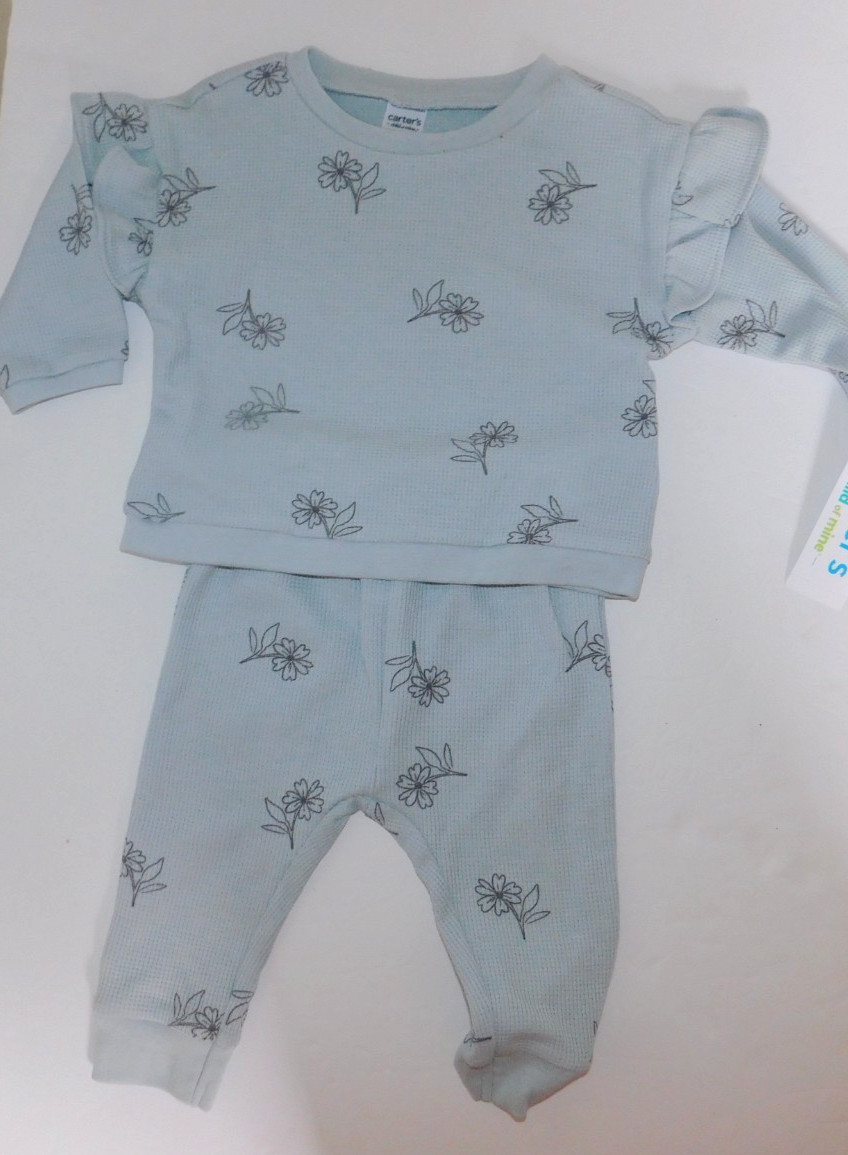 Girls 6-9 Months Outfit Light Blue Pants & Long Sleeve Top Flowers