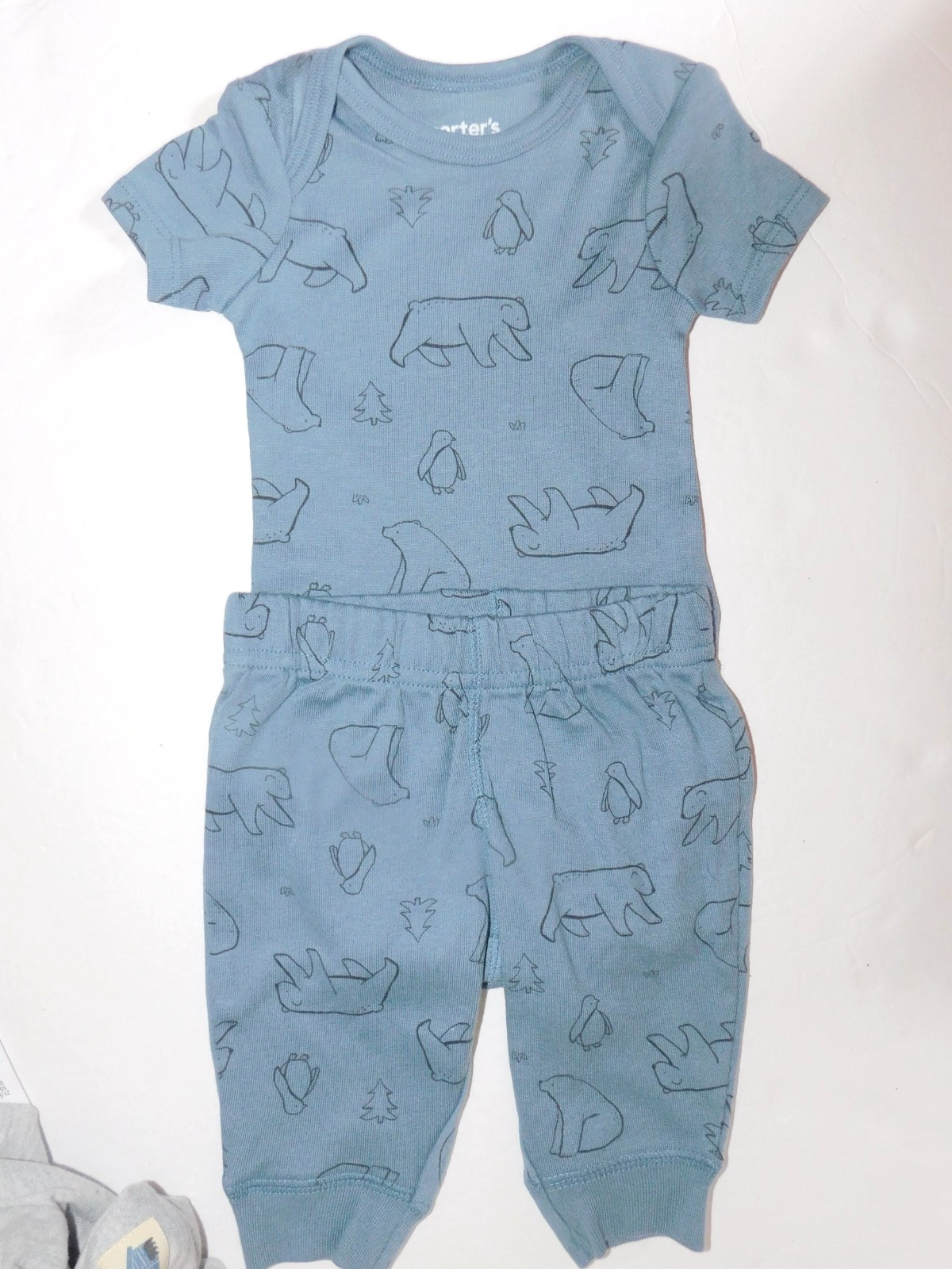 Boys 0-3 Months Outfit Blue Gray Sweatpants Hoodie One Piece Shirt Bears Woods