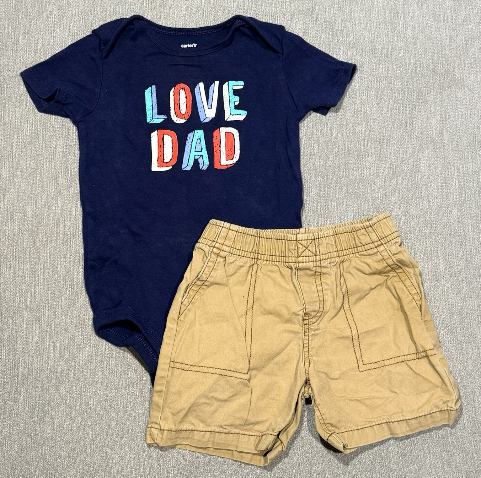 Carter’s Boys 24M 2-Piece Shorts Set Navy Love Dad Bodysuit Tan Shorts