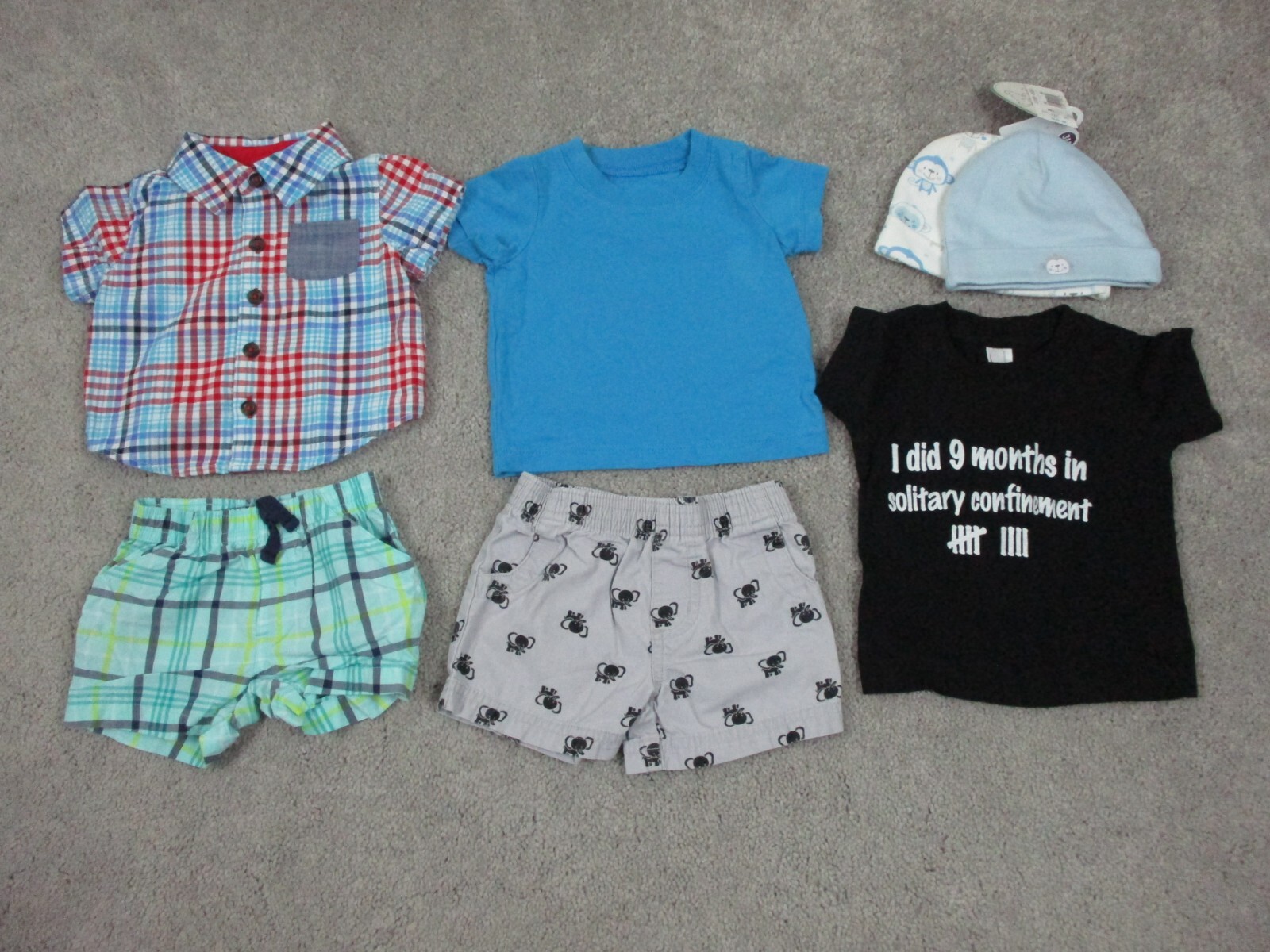 Lot of 7 Outfit Baby Boys 0-3 Mos Tops Shorts Plaid Elephant Hat Beanie Western