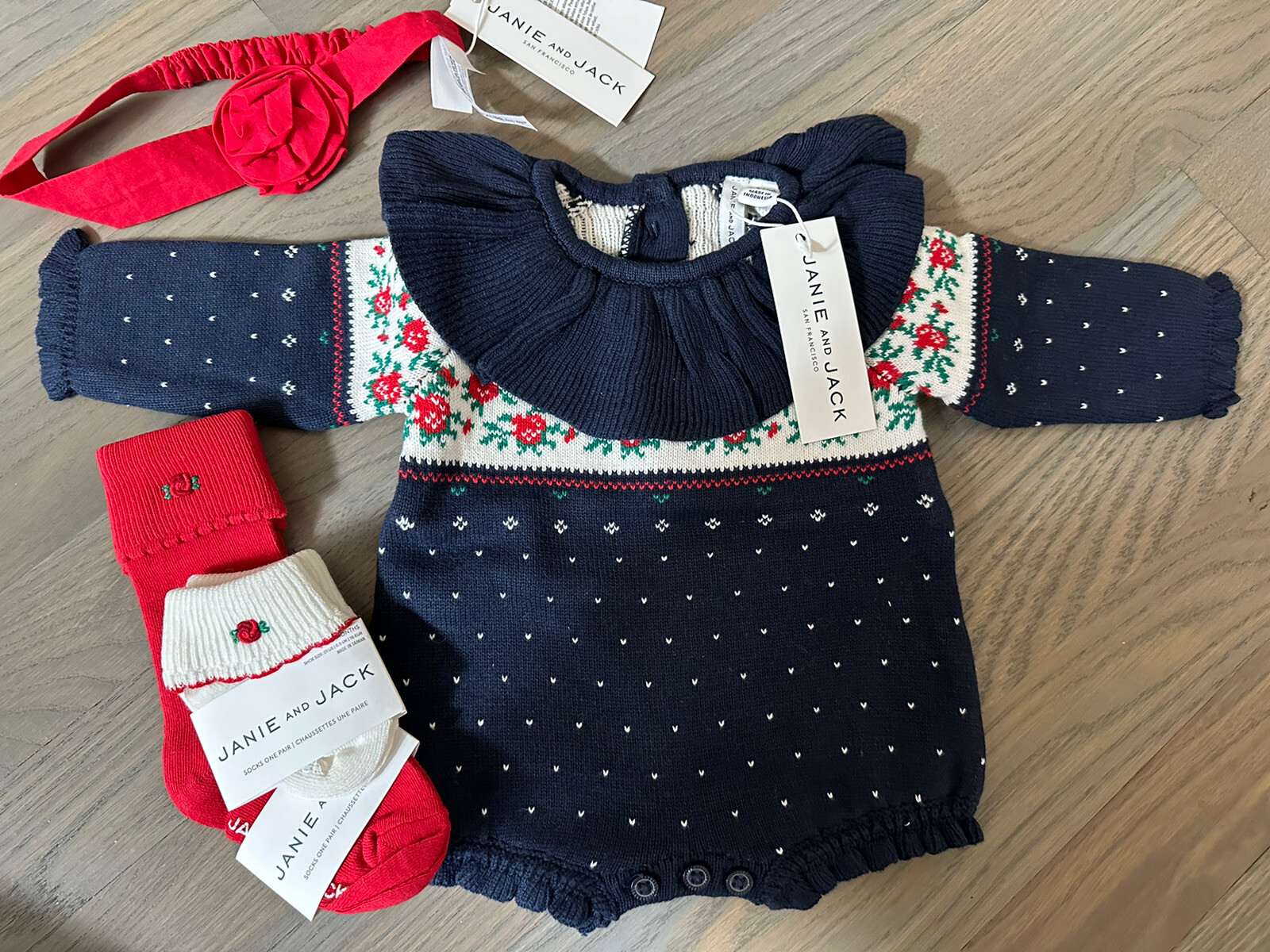 NWT Janie and Jack girl HOLIDAY sweater romper 3-piece SET 0 3 18 24
