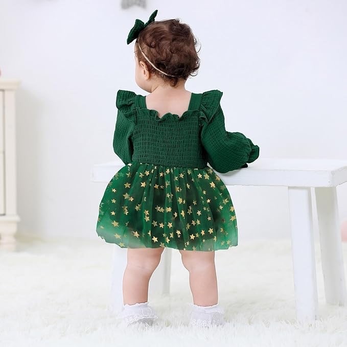 Baby Girl 1st Birthday ONE Tulle Romper Dress Green Gold Stars 3-6M