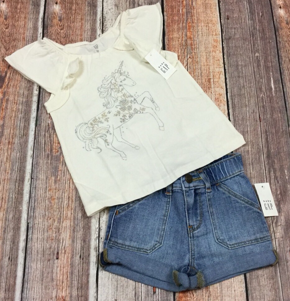 Baby Gap Girls 12-18 Months Outfit. Unicorn Shirt & Denim Shorts. Nwt