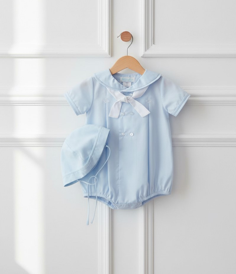 NWT Petit Ami Blue Sailor Collar Knot Romper 6 Months 6M Hat Baby Boys Bubble