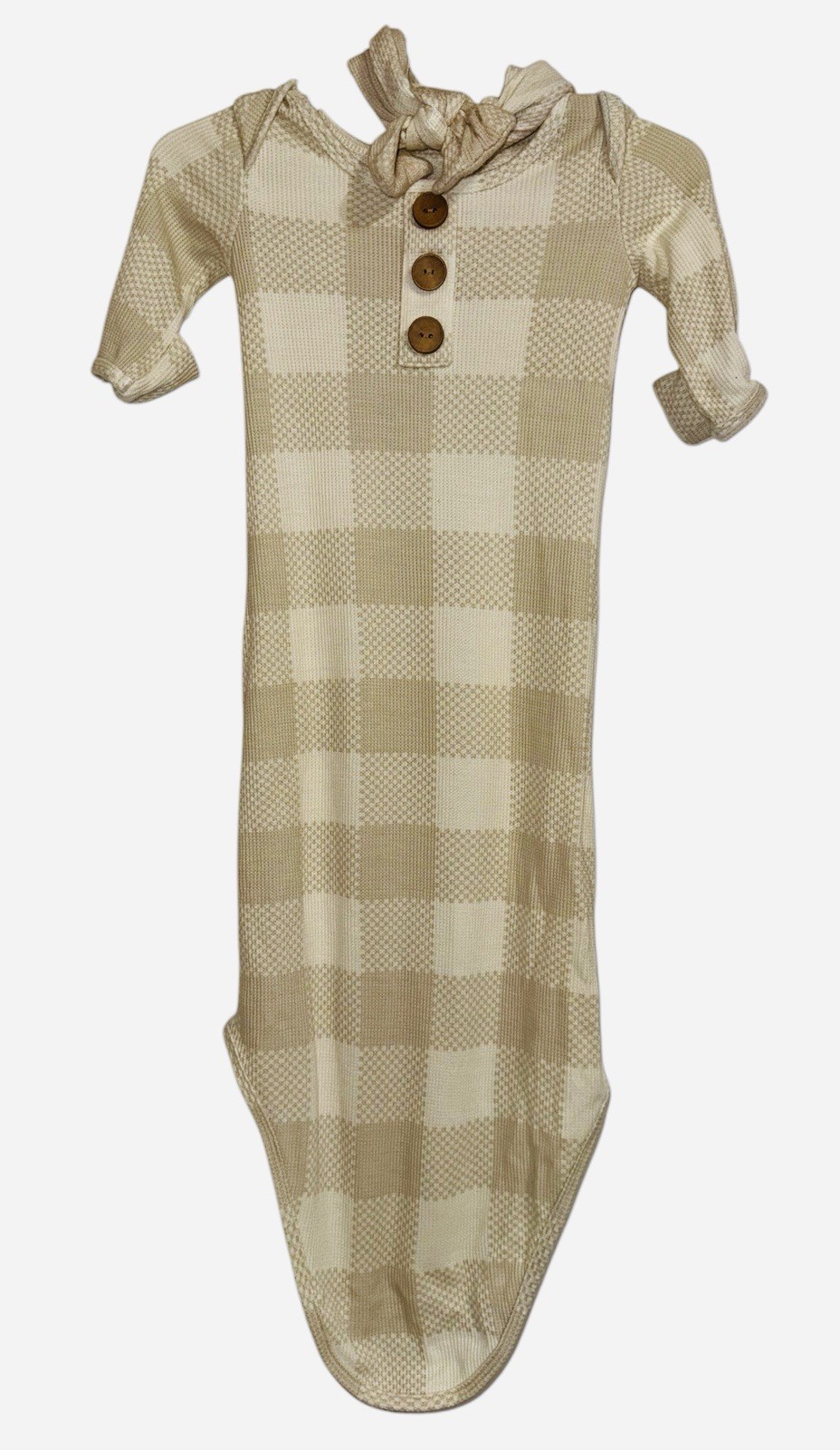 Caden Lane Khaki Buffalo Check Newborn Matching Knot Gown & Headband