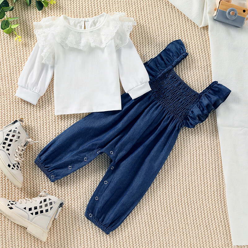 NEW Girls White Lace Shirt Blue Chambray Ruffle Overalls Outfit Set