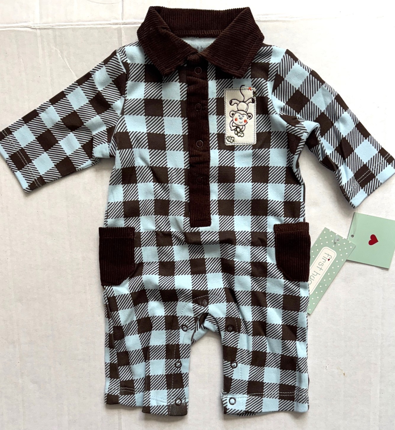 FIRST HUGS coverall blue/brown checked MONKEY motif size NEWBORN