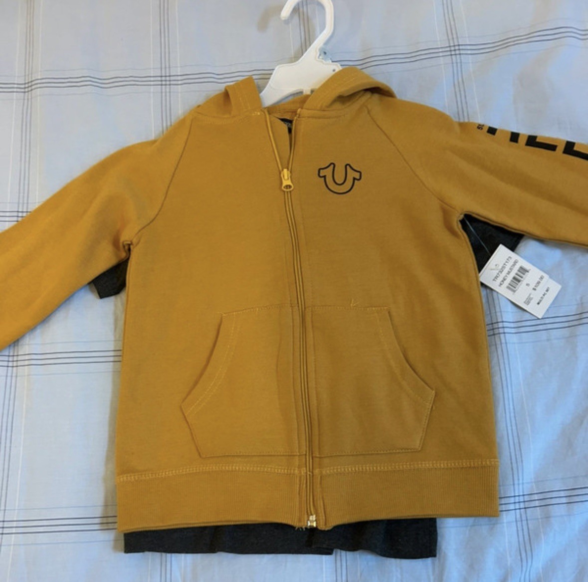 True Religion Boys Hoodie Hooded Top And T-shirt Set Age 5 BNWT grey mustard