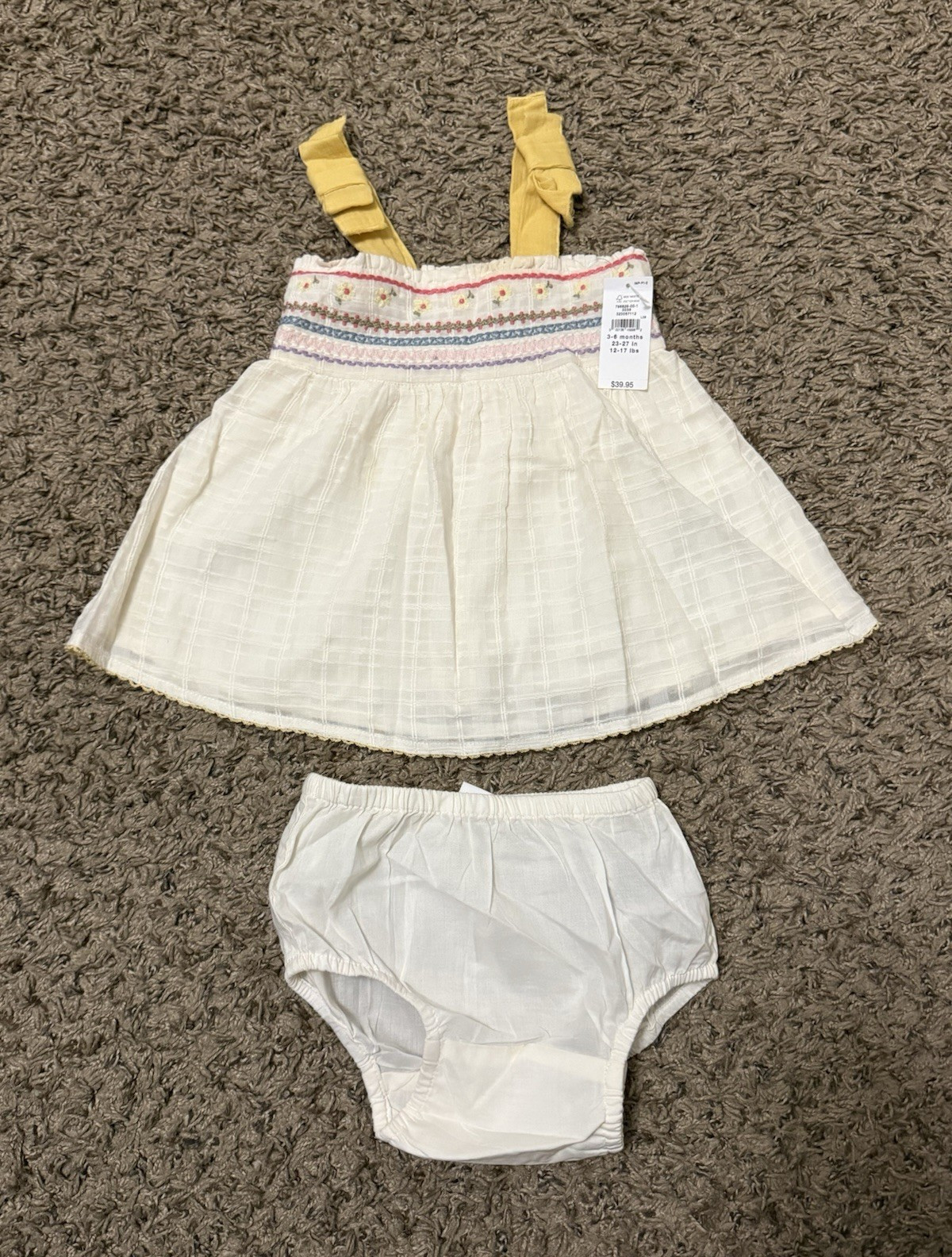 baby GAP Girls 3-6M 2pc White/Yellow Floral Dress & Bloomers Smocked Bow
