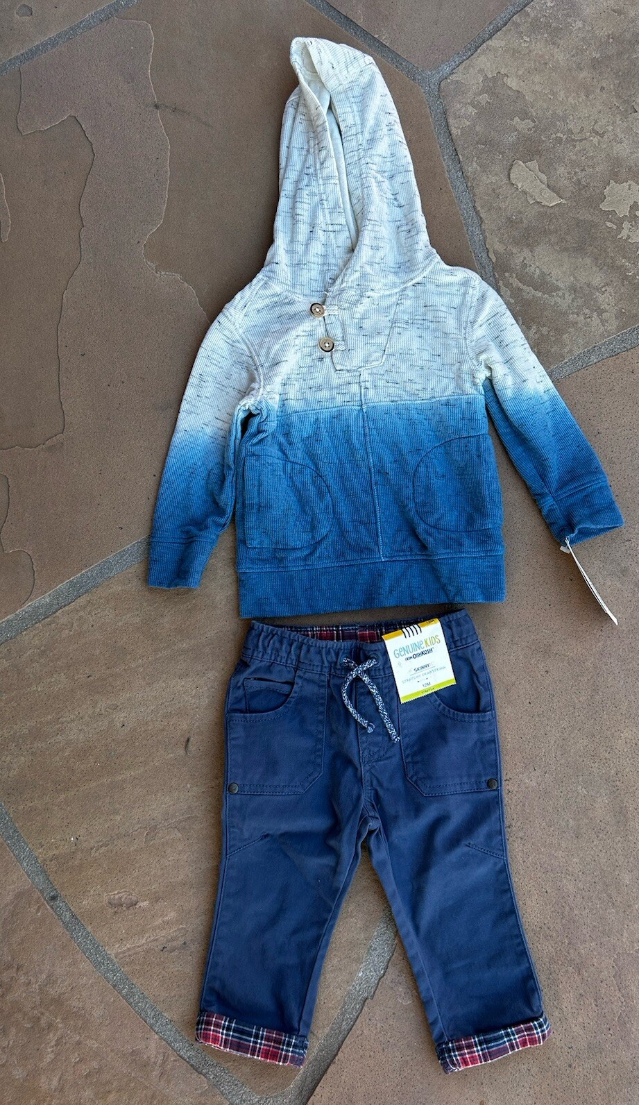 Infant Boys 12 M Outfit Blue Oshkosh Ombre Print LS Top Hoodie Blue Pants Plaid