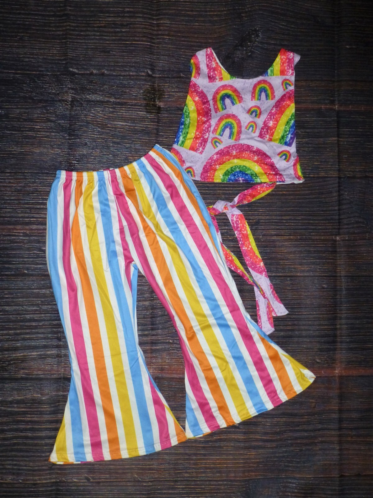 NEW Boutique Rainbow Crop Top & Bell Bottoms Outfit Set