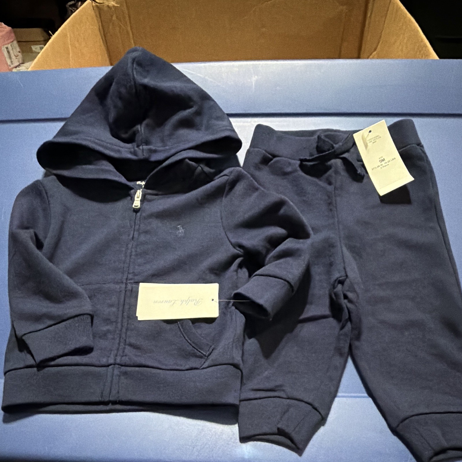 Ralph Lauren Baby 9M 2pc Navy Fleece Zip Hoodie &Pants Set French Terry Suit NWT