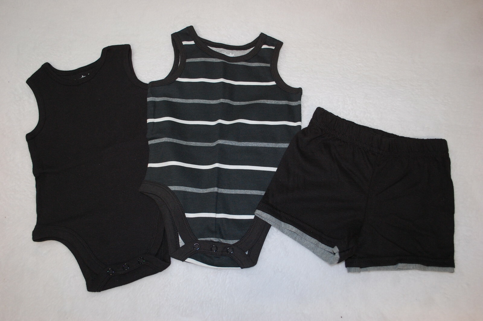 Baby Boys 3 PC SUMMER LOT Tank Tops SOLID BLACK & GRAY STRIPE Knit Shorts 24 MO