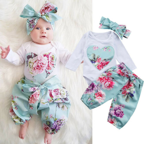 Newborn Baby Girls Printing Ruffle Romper Tops Pants Headband Clothes Outfits