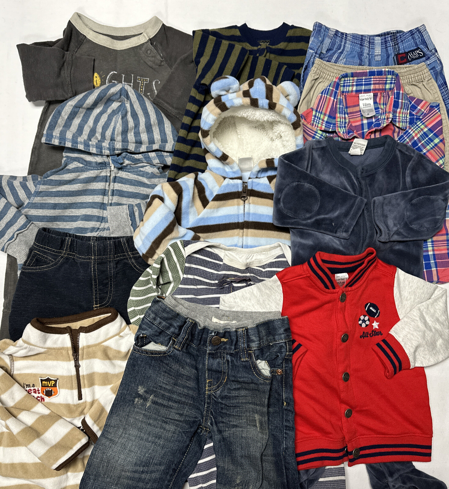13 Piece Lot Baby Boy Clothes 6-18 Mo. Bodysuit One Piece Sweater Jacket Jeans