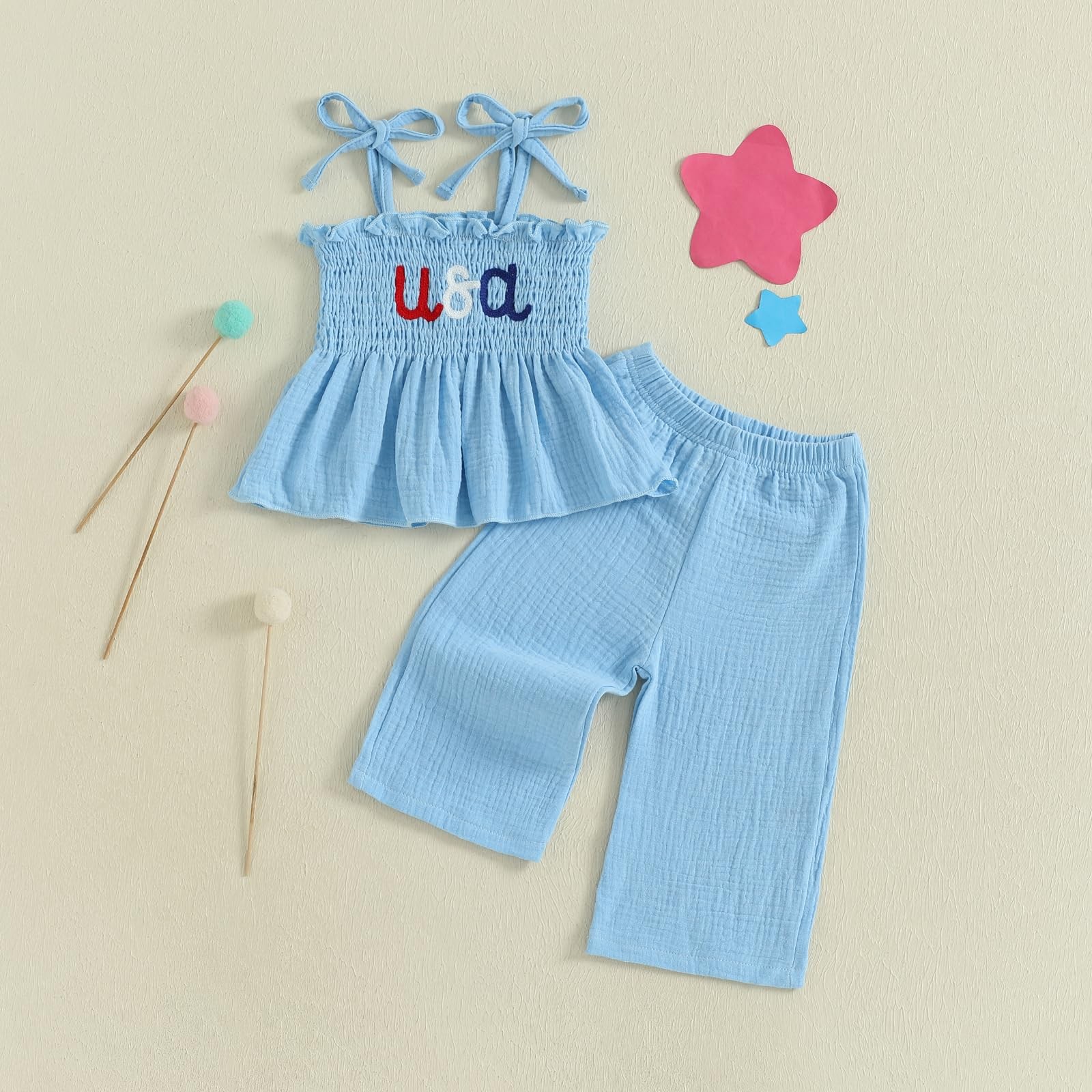 4th of July Outfit Baby Girl Smocked Tank Top+Wide Leg Pants Set Kids Toddler…