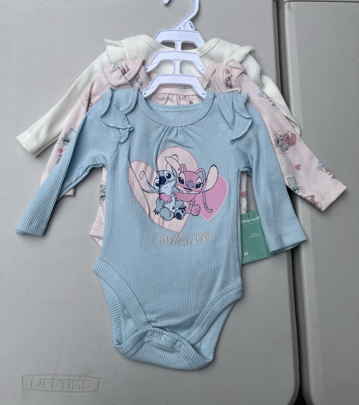 Disney Baby Stitch & Angel 3pc Long Sleeve Bodysuit Set Blue Pink White 3-6M