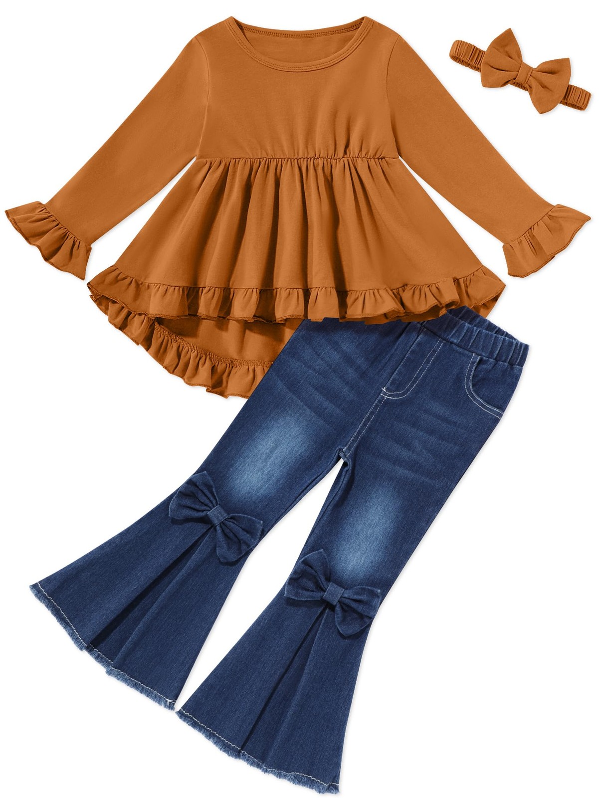 Girls Clothes 4T 5T, Solid Color Ruffles Top Bow Flared Jeans with Headband F…