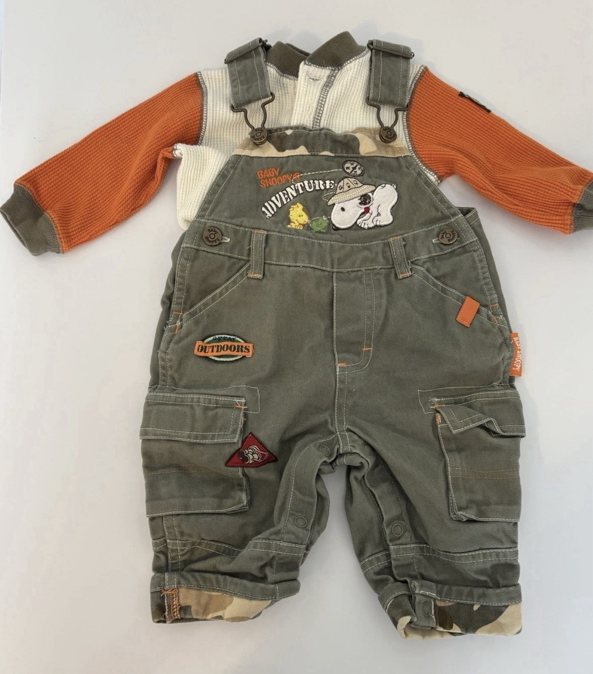 Baby Snoopy Peanuts 2pc Overalls Waffle Shirt 3-6M Camo