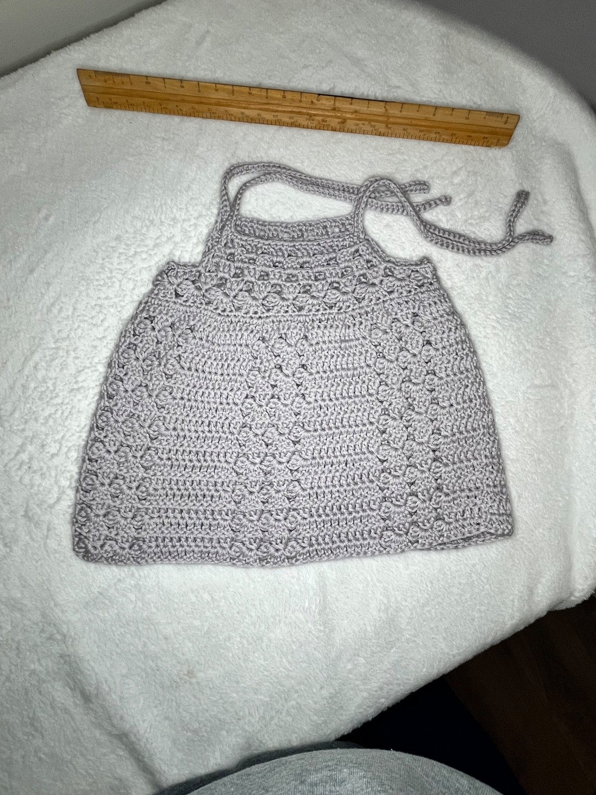 Handmade crochet dress size 0-6 months,tie straps, color is silver/lilac