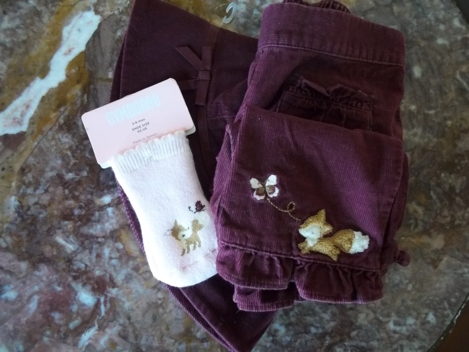 Gymboree ’08 Forest Trails fox butterfly burgundy ruffle pants hat socks 3-6