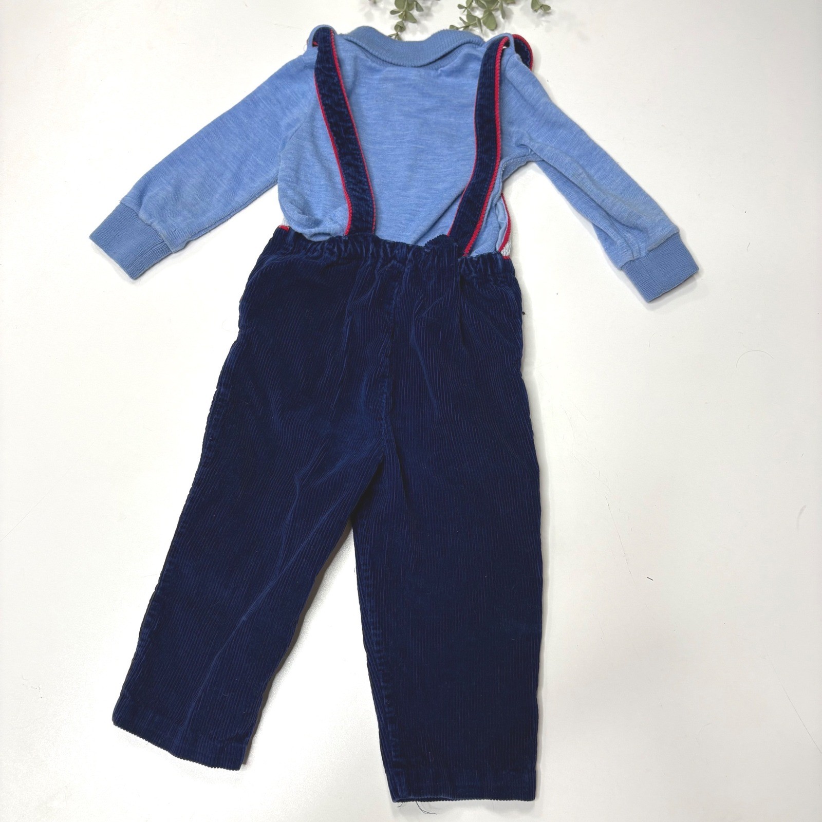 Vintage Kids 2T Corduroy Overalls Set Navy Blue Skiing Applique Mock Neck Shirt