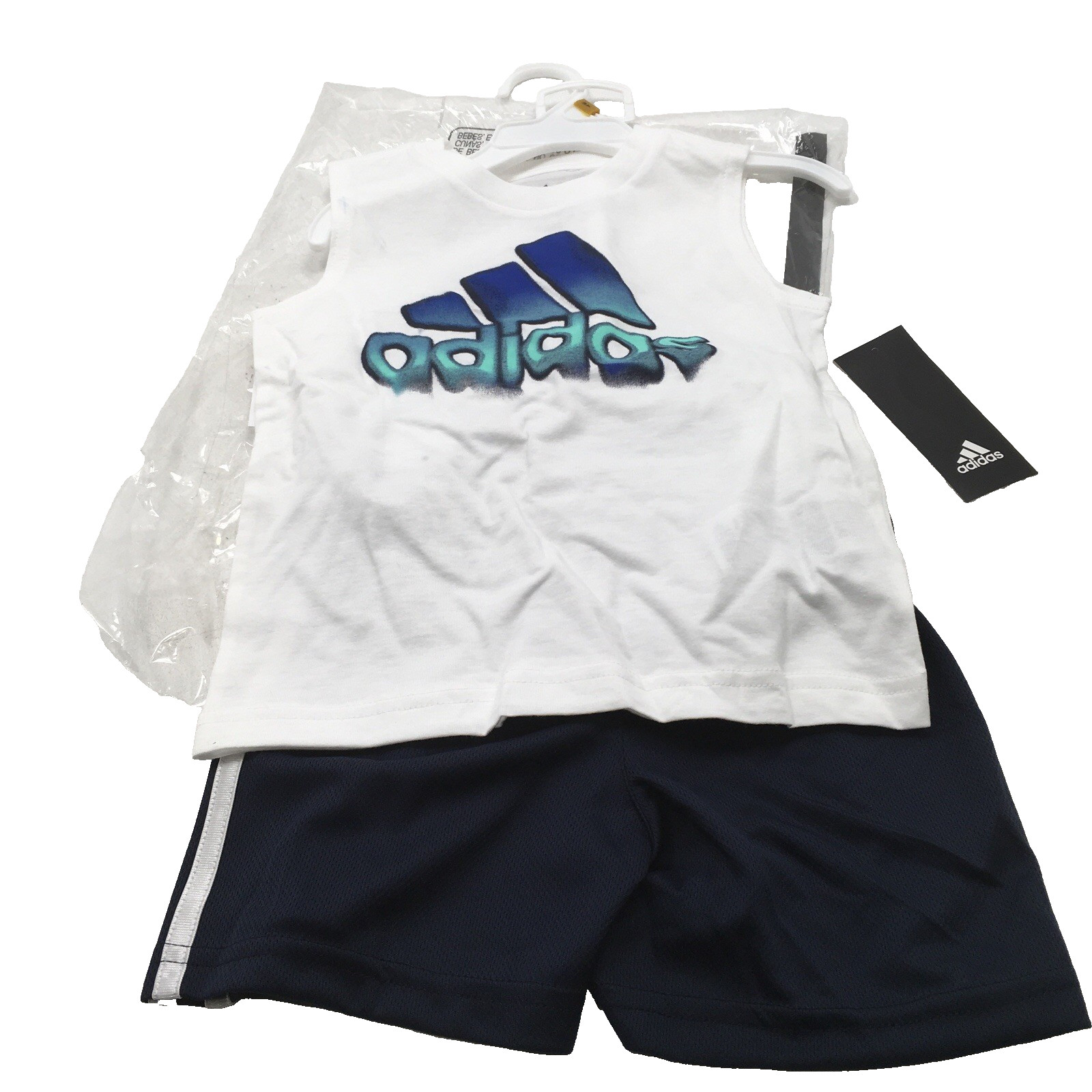 Adidas White & Navy Ombre Logo Tank & Navy Side-Stripe Shorts Set, 3T, NWT
