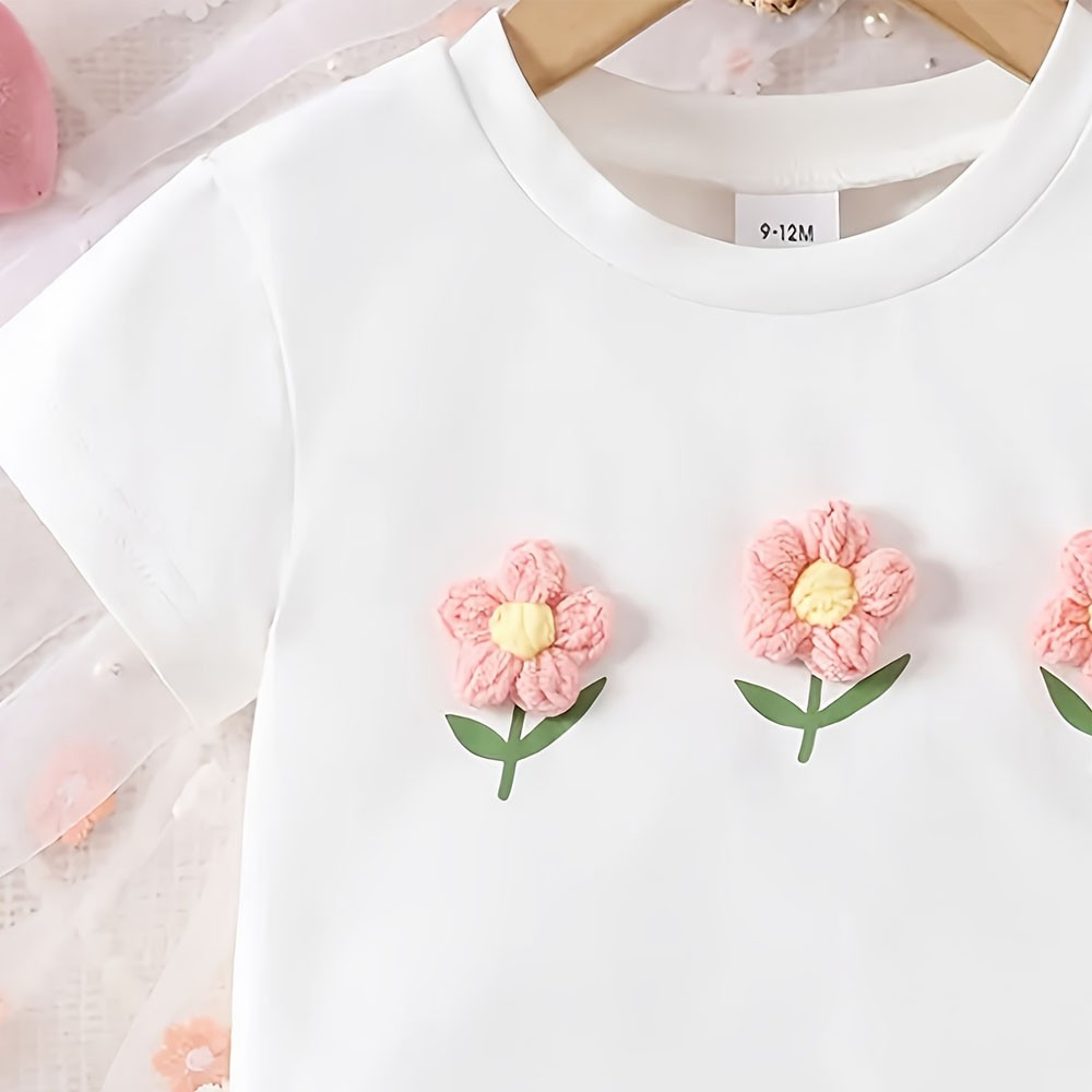 2Pcs Baby Girl Short Sleeve 3D Floral T-shirt+Skirt Set Kid Summer Dress Outfits
