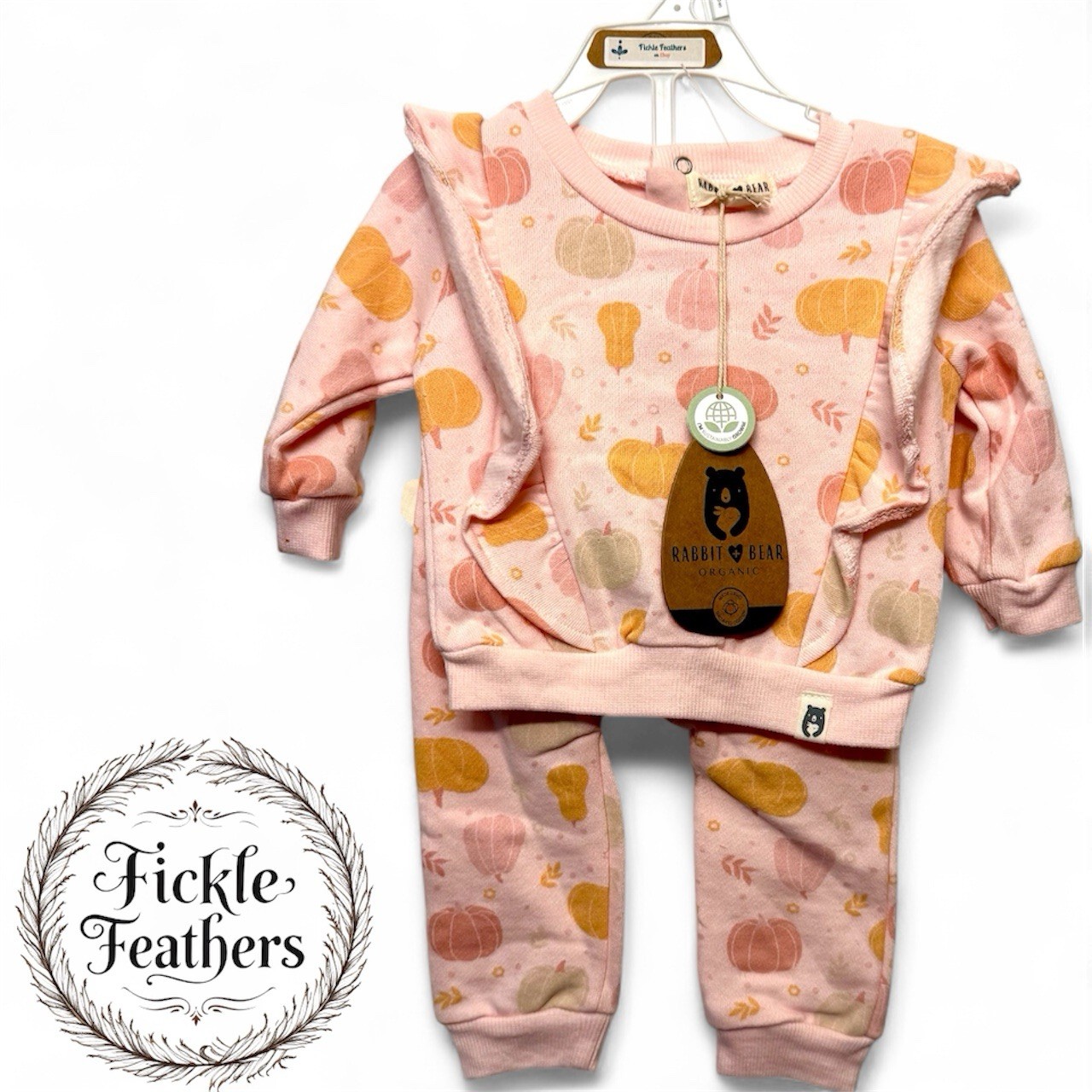 Rabbit + Bear Organic Two Piece Outfit with Pink And Orange Pumpkins Size 3-6 Mo
