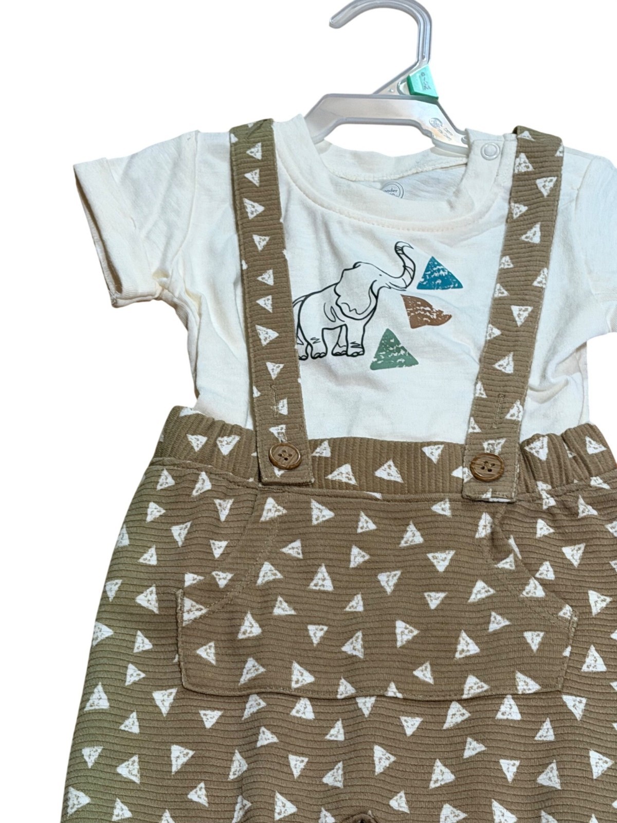 NWT Wonder Nation Baby Boys 6-9M 2Pcs Outfit Set Elephant AOP Shirt & Suspenders