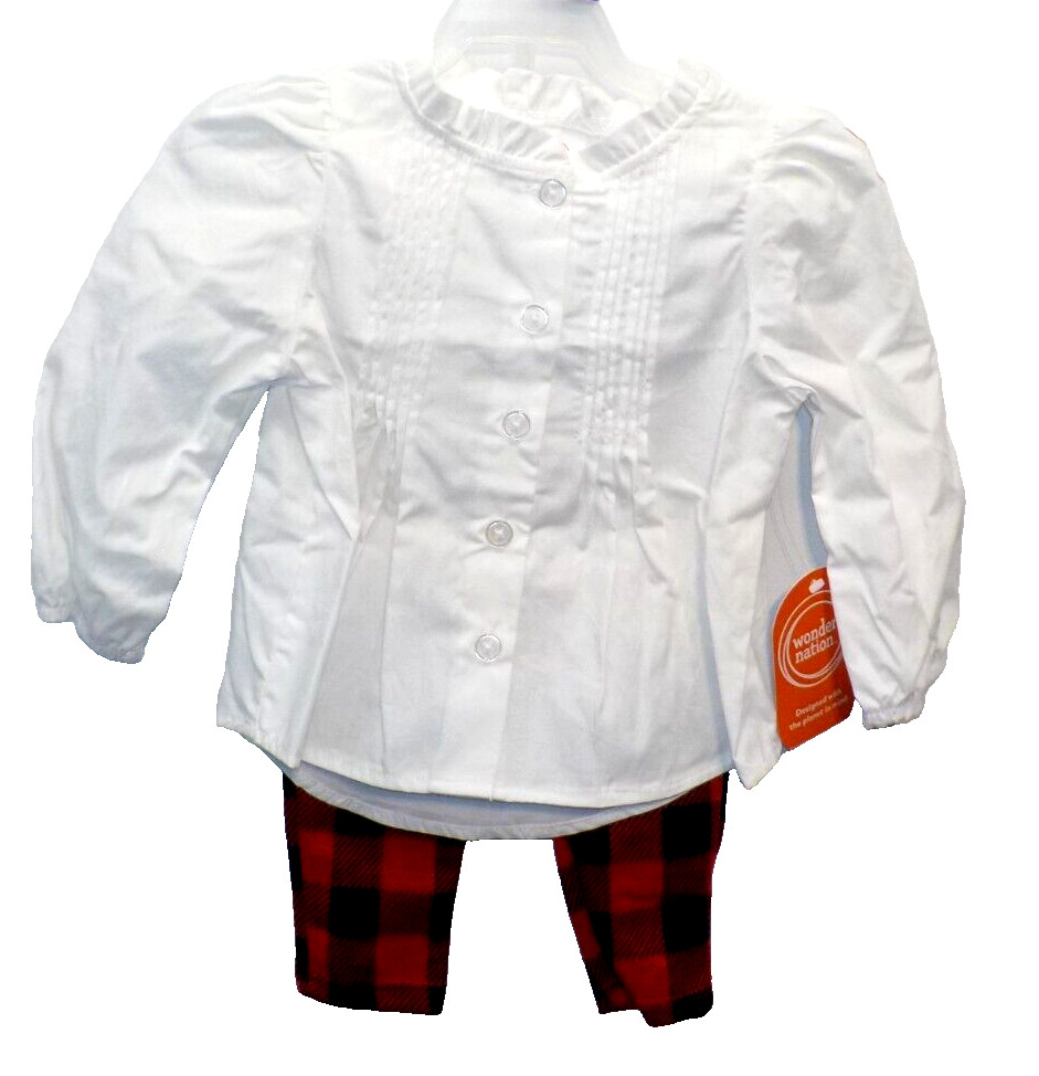 Wonder Nation Girl 2-Piece Pants Outfit Button White Blouse Plaid Pants 12 Month