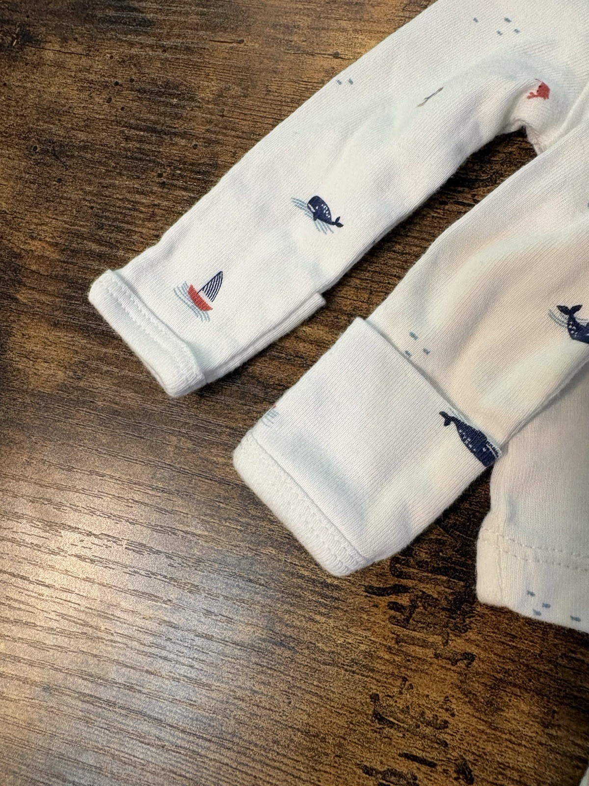 Preemie Baby Matching Set White Whale Print Footed Pants & Long Sleeve Shirt EUC