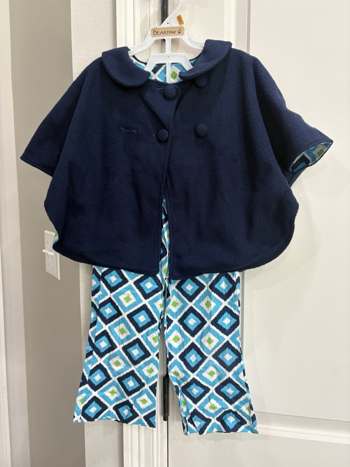 TRUE Navy Blue Poncho & Blue Patterned Flare Pants Size 2T 100% Cotton GUC