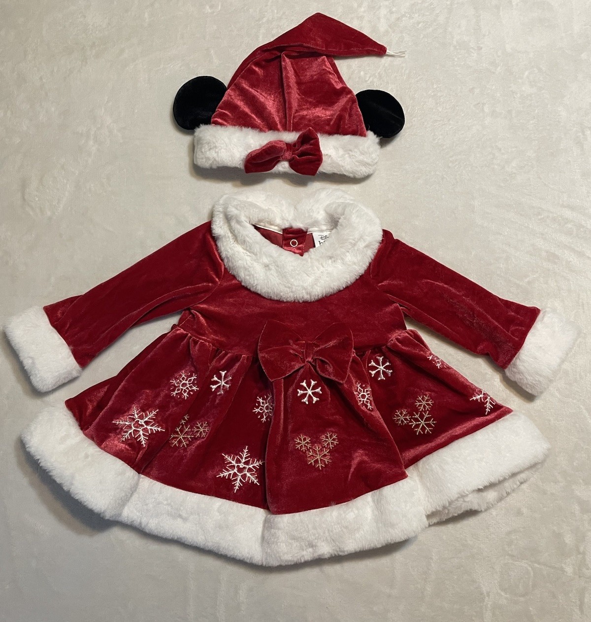 Disney Minnie Mouse Mrs. Claus Santa Baby Outfit Dress&Hat Ears Velour Sz9-12M