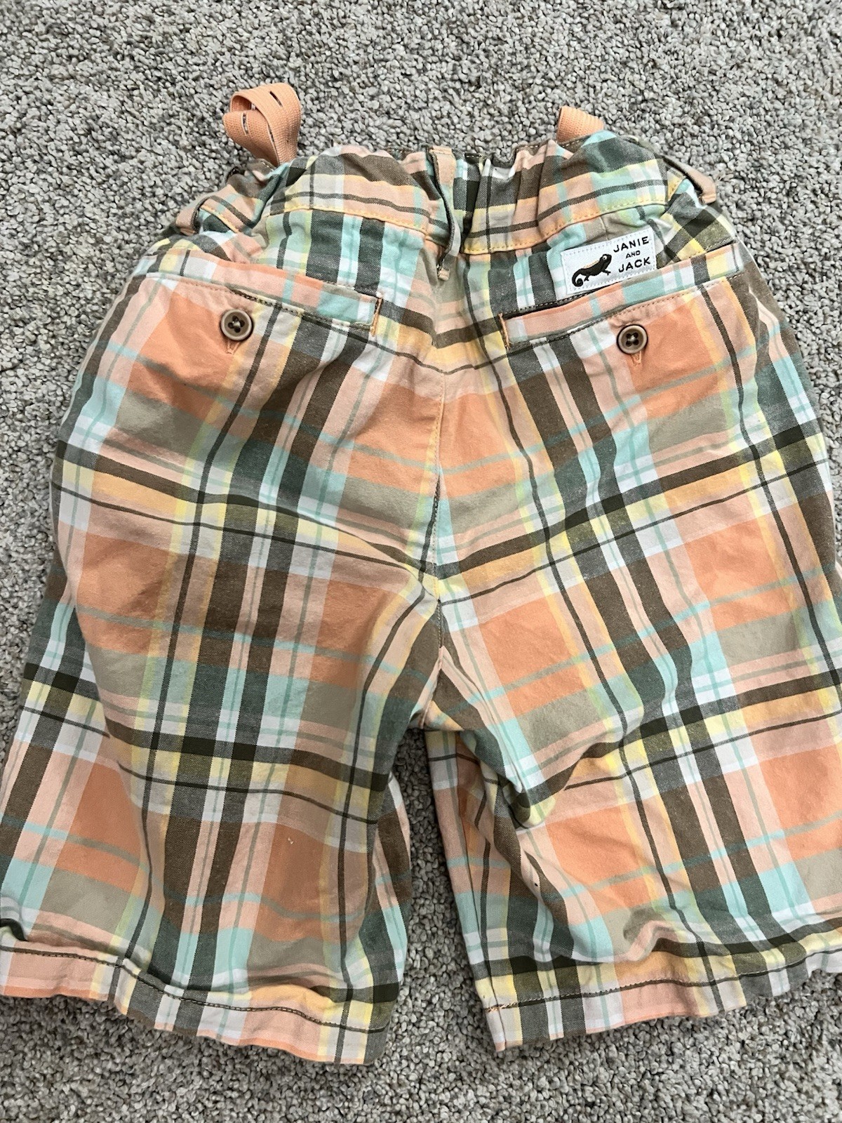 Vintage Janie & Jack Boys Peach Polo & Plaid Shorts Set Summer Vacation Size 3T